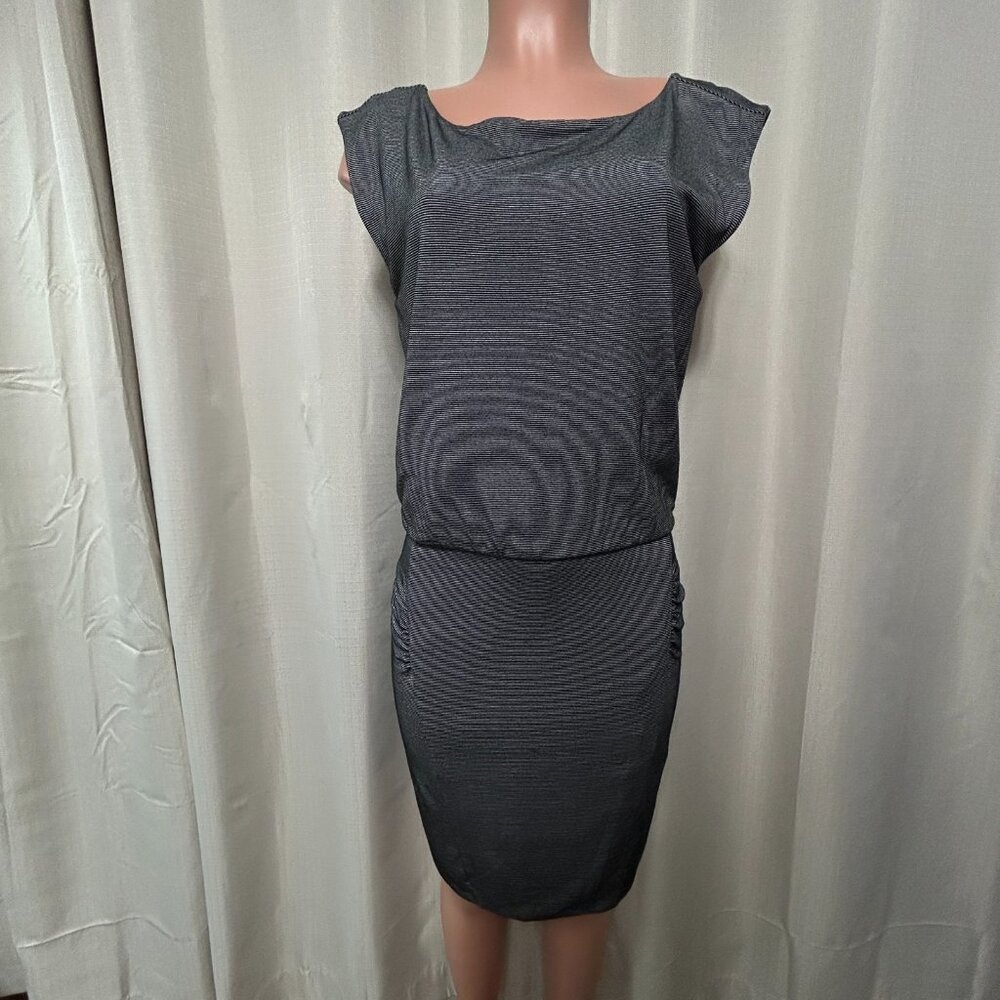 Athleta Pullover Micro Stripe Westwood Dress Women's Size Medium Black White
